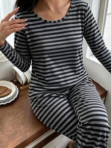 Spring/Autumn New Black & Grey Striped Women's Long Sleeve Pajama Set 2pcs, Fashionable Versatile Long Sleeve & Long Pants Loungewear, Soft Comfortable Casual Home Wear Suitable For Outdoor Wear - Multicolor - View 5