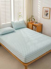 1 pieza Sábana ajustada con base azul claro y patrón de lunares negros pequeños sin relleno, sábana ajustada para dormitorio de microfibra cepillada transpirable y cómoda 1 pieza sábana ajustada tamaño King Queen Full Twin con diseño de bolsillo profundo hasta 11.8 pulgadas, - Celeste - Ver 4