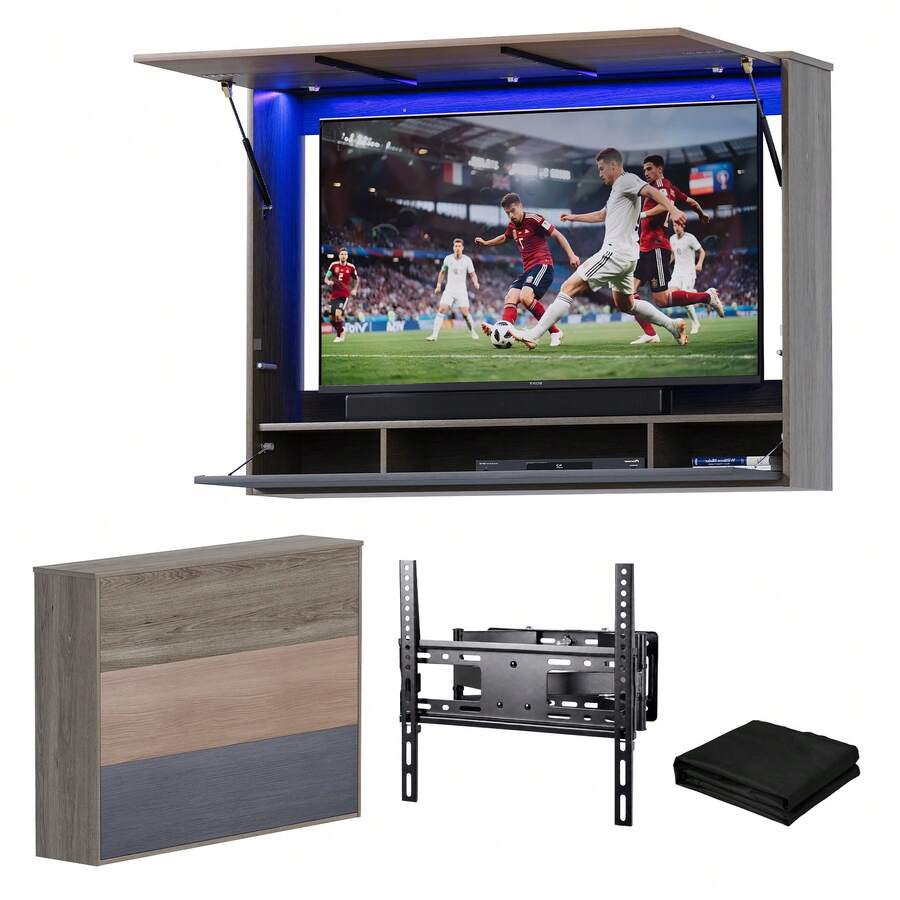 Advwin Outdoor TV Enclosure For TVs Up To 55", Weatherproof Wood TV Cabinet With Full Motion TV Wall Mount, Waterproof UV Protection Cover & LED Lights & 3 Storage Compartments For Patio, Poolside, Porch & Backyard - Gray - View 1