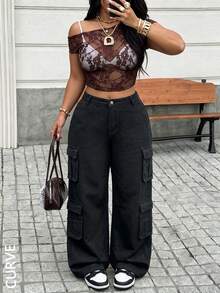 Women's Plus Size Loose Denim Cargo Pants, Versatile Y2K Style Straight Leg Pants, With Pockets, Button And Zipper Fly, Non-Stretch - Black - View 3