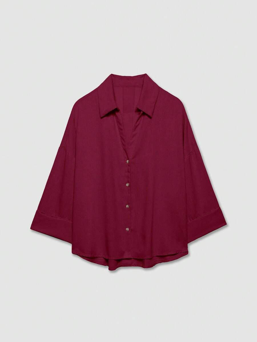 YROOE 女款春夏秋冬休閒簡約百搭 商務休閒/日常通勤/優雅簡約時尚 翻領寬袖襯衫 - 酒紅色 - 查看 1