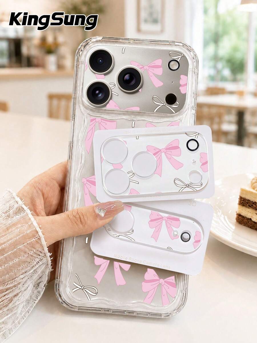 Kingsung Pink Bow Pattern Camera Lens Protector Film, Compatible With IPhone 17 Pro/17 Pro Max, Tempered Glass Lens Film, Phone Accessory, Transparent Anti-Scratch Camera Cover, Birthday Gift For Family And Friends - Multicolor - View 1