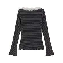 Women's New Gray Striped Long Sleeve Base Layer T-Shirt With Lace Patchwork Slim Fit Design Top - Dark Grey - View 7