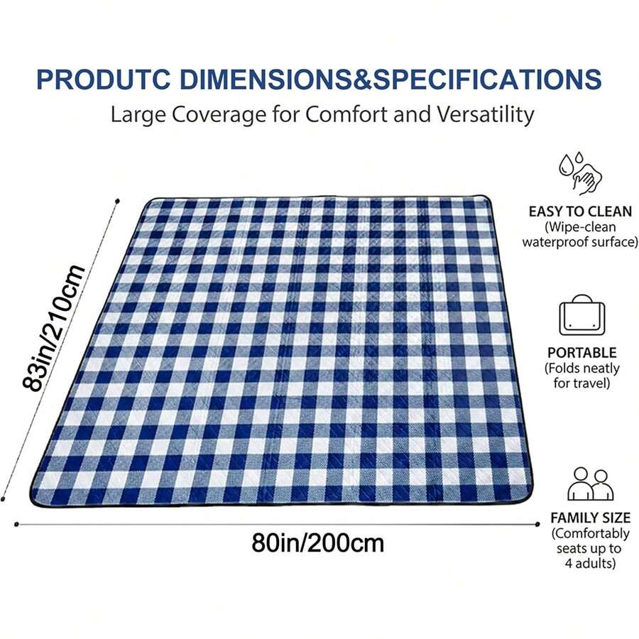 80x 83 Large Picnic Blanket Waterproof Sandproof, Foldable Outdoor With Premium Canvas Strap Beach - Blue Gingham - View 1