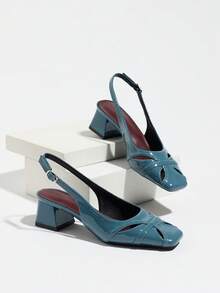 French Style Closed Toe New Elegant Solid Color Low Vamp Women's Chunky Heel Sandals - Dusty Blue - View 6