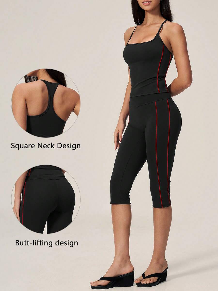 TimeOff Setelan Olahraga Wanita 1 Set: Atasan Tank Top Racerback dengan Garis Putih di Sisi dan Tali Bahu Tipis, Warna Kontras, dan Celana Panjang Selutut dengan Kontrol Perut - Hitam - View 1