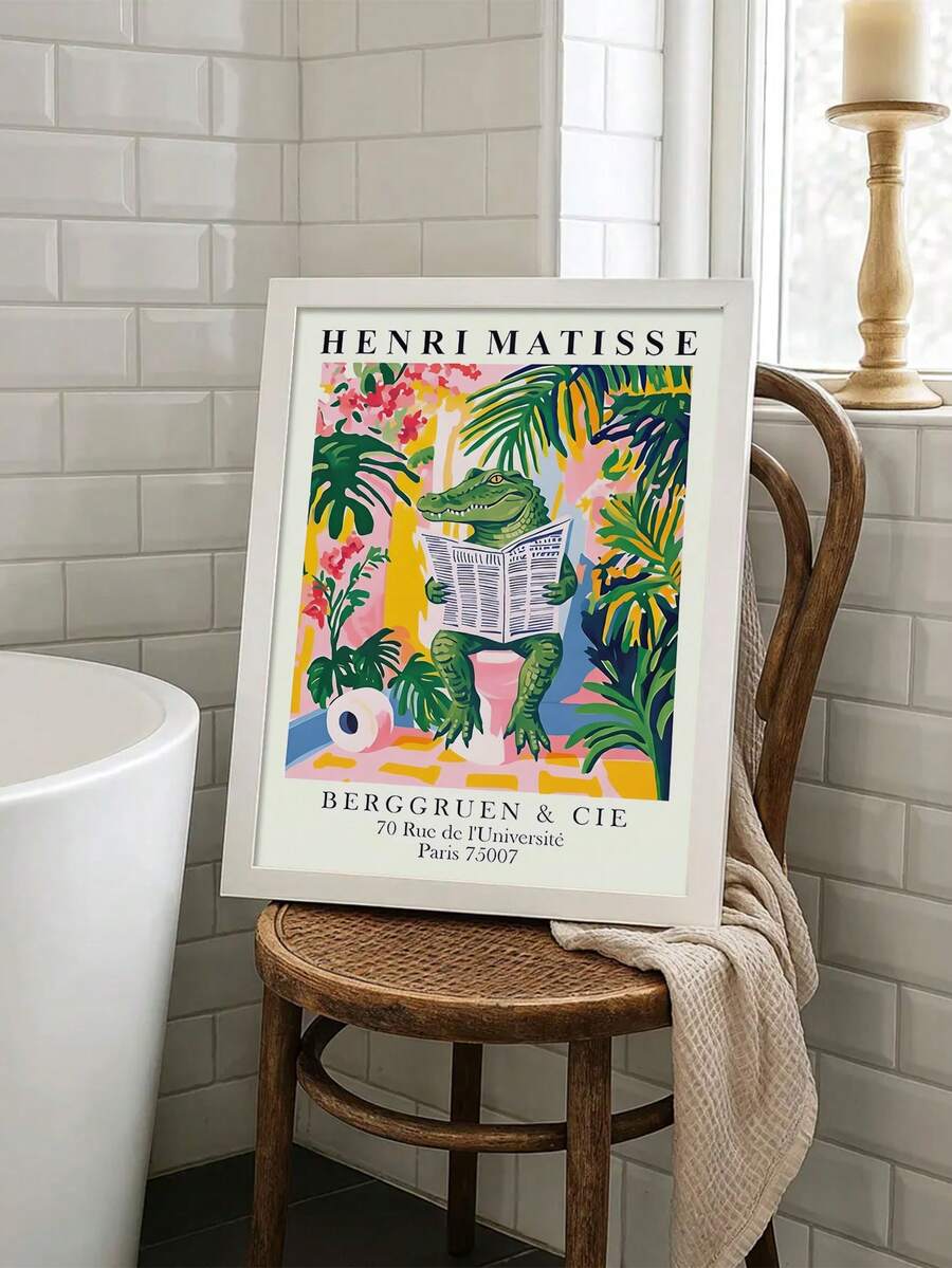 1pc 2D Flat Alligator On Toilet Art Print: Funny Matisse Style Bathroom Wall Living Room Aesthetic Design,Bedroom Hallway Decoration , Gift For Friends, Housewarming Gift Frameless - Abstract Style a - View 1