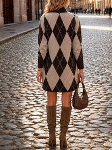 Plus Size Women's Diamond Lattice Long Sleeve Casual Knit Dress - Multicolor - View 6