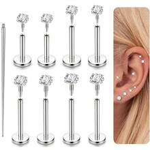 9pcs/Set 16G Stainless Steel Internal Threaded Lip Ring, Nose Stud, Ear Stud With CZ, Suitable For Cartilage, Medusa, Monroe Piercing, Unisex Piercing Jewelry Set - Multicolor - View 6