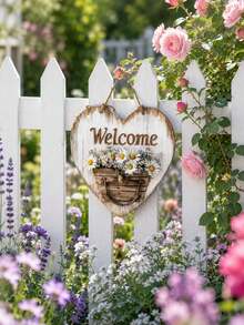 1PC Rustic Heart-Shaped Wooden Welcome Sign, Daisy Basket Garden Fence Decoration, Farmhouse Style Door Handle Ornament, Suitable For Porches, Terraces, Patios, And Other Spring Home Decor. - Multicolor - View 3