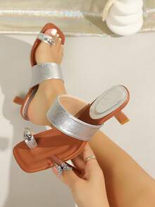 Teenager Spring/Summer New Fashion Breathable Square Toe Thong Sandals With Rhinestone Decor, Double Wide Straps, Kitten Heel, Open Toe, Casual Everyday Wear, Black/White/Silver - Silver - View 3
