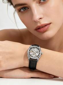 Herren-Armbanduhr in Schwarz aus Zinklegierung, Business-Stil, leuchtend, graviert, Automatik-Tourbillon, skelettiert, mechanisch - Schwarz - Übersicht 8