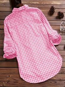 Camisa de punto de manga larga con cuello vuelto y botones, estilo vintage literario elegante casual para mujer, a cuadros, rosa, para otoño, oficina, uso diario, vuelta al cole y universidad - Rosa - Ver 2