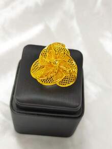 1 Peça Anel Aberto de Flor Banhado a Ouro de Cobre para Mulheres, Anel de Dedo Indicador, Adequado para EUA, Reino Unido, França, Oriente Médio, Dubai, África, Arábia Saudita, Acessório de Vestido de Casamento Nupcial, Dia das Mães, Dia dos Namorados, Temporada de Casamento, Aniversário, Presente de Feriado, Uso Diário - Ouro amarelo - Visão 1
