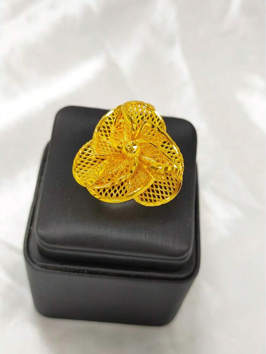1 Peça Anel Aberto de Flor Banhado a Ouro de Cobre para Mulheres, Anel de Dedo Indicador, Adequado para EUA, Reino Unido, França, Oriente Médio, Dubai, África, Arábia Saudita, Acessório de Vestido de Casamento Nupcial, Dia das Mães, Dia dos Namorados, Temporada de Casamento, Aniversário, Presente de Feriado, Uso Diário - Ouro amarelo - Visão 1