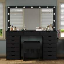FUSOU 15 Drawers Dressing Table With Power Outlet, Makeup Vanity With  Mirror And 13 LED Lights, 3 Color Modes, Adjustable Brightness, Glass Top Vanity For Dressing Room Bedroom - Black - View 2