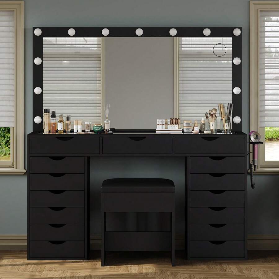 FUSOU 15 Drawers Dressing Table With Power Outlet, Makeup Vanity With  Mirror And 13 LED Lights, 3 Color Modes, Adjustable Brightness, Glass Top Vanity For Dressing Room Bedroom
