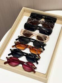 8 Pairs Casual Dopamine Plastic Leopard Print Rectangular Cat Eye Oval Women's Glasses Set, Design, Suitable For Street Photography, Party, Outdoor Leisure Activities, Dating Outfits And More, Perfect Glasses To Add A Touch Of Sophistication To Your Summer Look - 8pcs Black and Red Bean Champagne - View 3