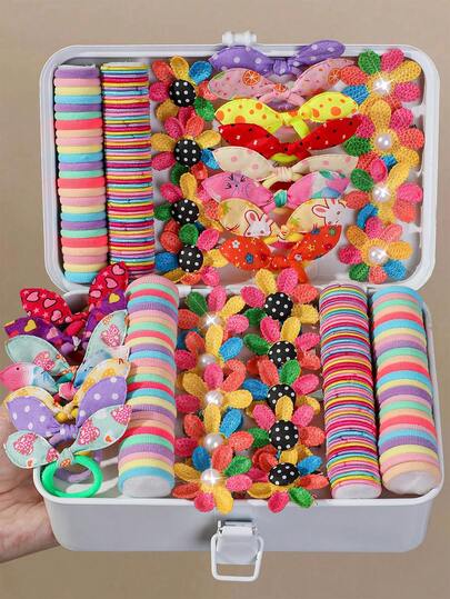 114pcs Girls Rabbit Ear Hair Ties Cute Young Girl Hair Accessories High Elasticity Durable Non-Damaging Hair Bands Towel Rings Versatile Flower Hair Clips Side Clips Hair Ornaments For Daily Use