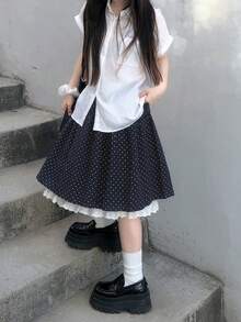 Rok Pendek Wanita Gaya Korea Vintage Motif Polkadot dengan Hiasan Renda dan Patchwork - Navy Blue - View 1
