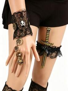 1pc Women's Vintage Pirate Steampunk Gear Lace Skull Mechanical Ring Bracelet (Random Style), Halloween - Multicolor - View 2