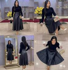 High-Waisted A-Line Midi Skirt – Elegant In Faux Leather, Stylish, Casual, Cute, Party, PU Leather, Side Zipper, Evening, Office, Wedding, Dating, Stage And Concert, Autumn And Winter - 黑色 - 查看 6