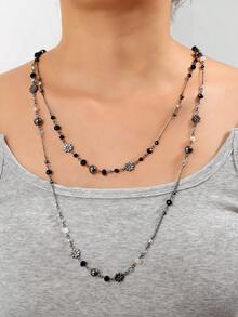 1 buah Kalung Rantai Panjang Dua Lapis Bergaya Vintage untuk Wanita, Kalung Manik-manik Bunga Bohemian - MultiWarna - View 2