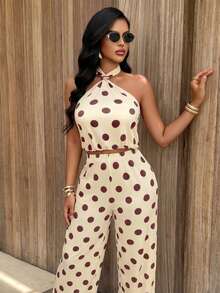 AIJ Casual Sexy Women's Polka Dot Halter Neck Gold Buckle Two Pieces Set, Backless Medium Stretch Outfit, Create A Look Vacation Elegant Summer - Yellow Base With Palm Flowers - View 3