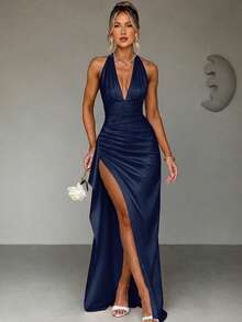 Elegant Sexy Satin Halter Neck Slit Hem Ruffle Waist Party Evening Dress, Wedding Bridesmaid Dress, Prom Dress - Dark Blue - View 6