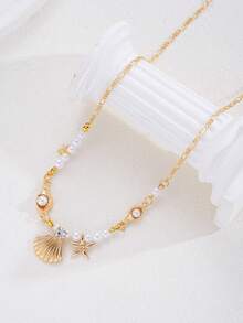 1 pieza Collar colgante de moda minimalista elegante con perla falsa, estrella de mar, concha y caracol en color dorado para mujeres, regalo de verano, vacaciones en la playa, cita, fiesta, vacaciones, cumpleaños, versátil para uso diario - Amarillo Oro - View 8