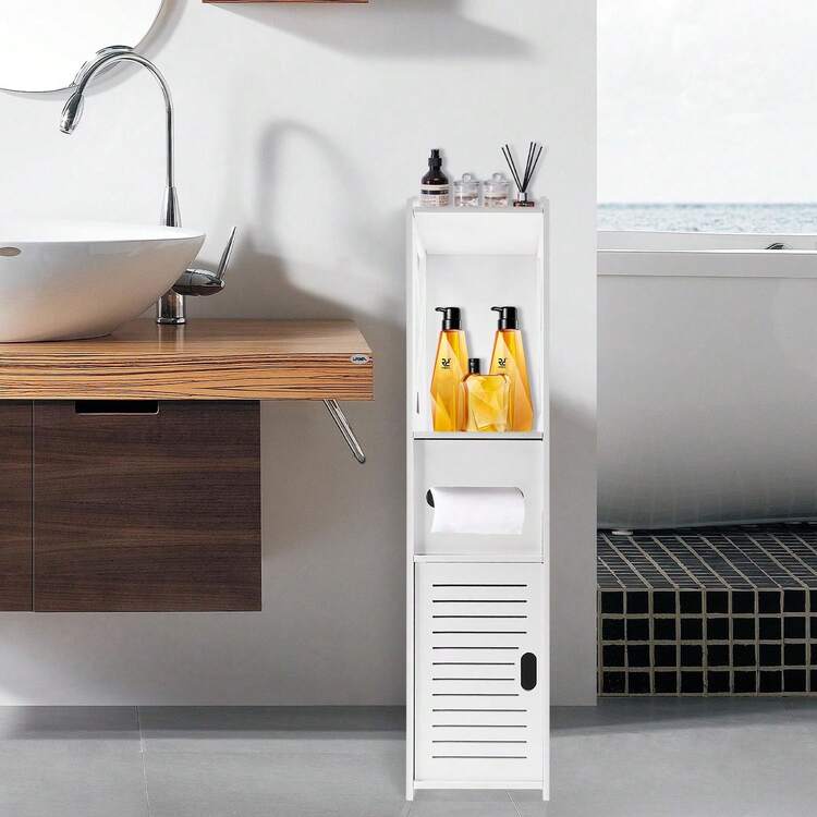 Bathroom Floor Cabinet, Waterproof, Freestanding, Slim Storage Cabinet In White With Shelf And 1 Cabinet Door, Multi-Purpose Cabinet For Storing Toilet Paper, Shampoo And Towels, White - 白色 - 查看 8