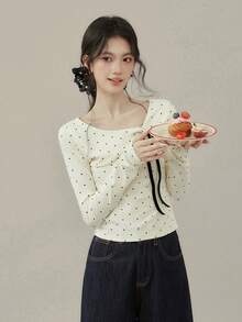 Women's Bow Polka Dot Long Sleeve T-Shirt, Spring New Slim Fit Inner Top - Apricot - View 3