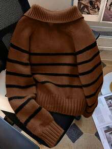 Women's Fall Striped Colorblock Collared Knit Pullover Sweater - Mocha Brown - View 2