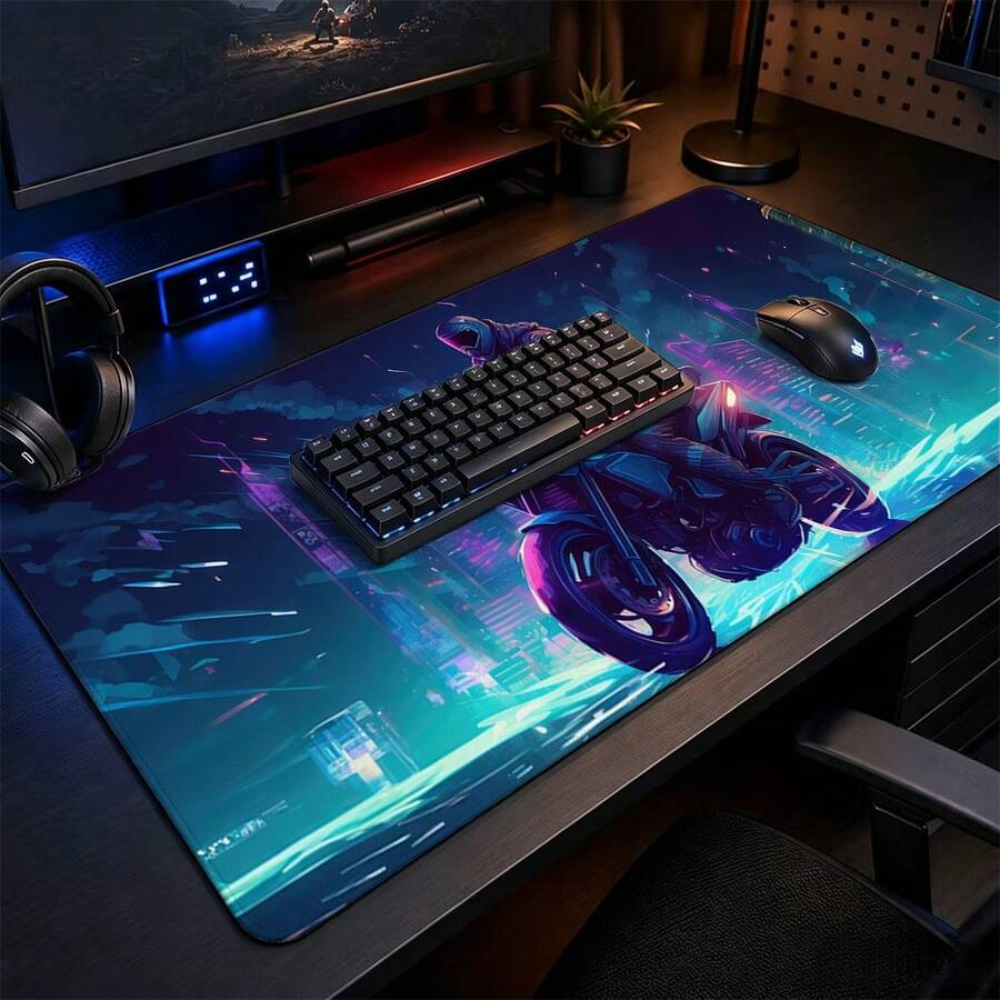 Neon Cyberpunk Motorcycle Rider Extended Gaming Mouse Pad, Large Non-Slip Rubber Waterproof Keyboard Desk Mat For Computer Laptop Game Office Desktop Decor - View 1