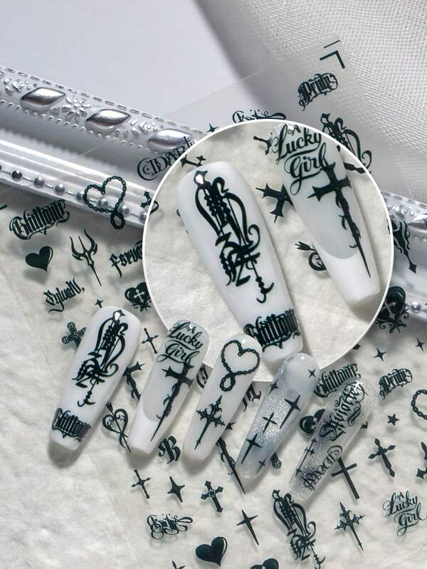 1 Hoja de Pegatinas 3D para Uñas de Caligrafía Gótica Vintage Oscura, con Cruces Góticas, Cruces de Corazón, Corazones con Espinas, Tridentes, Caligrafía Inglesa Vintage, Estrellas de Cuatro Puntas, Letras y Símbolos de Caligrafía Gótica, Elementos Oscuros de la Subcultura, Adecuado para Estilo Callejero Y2K, Fiesta Gótica, Fotografía de Nicho Oscuro, Trayecto Dulce & Triste, Looks de Actuación de Banda, Para Entusiastas de la Subcultura Gótica, Chicas Mileniales, Artistas de Uñas de Estilo Oscuro, Dueños de Tiendas de Uñas Postizas Personalizadas de Nicho para DIY