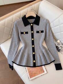 Women's Fashion Long Sleeve Knit Cardigan, Peter Pan Collar With Gold Buttons, Ribbed Knit Casual Top, Autumn/Winter Outfit - Grey - View 3
