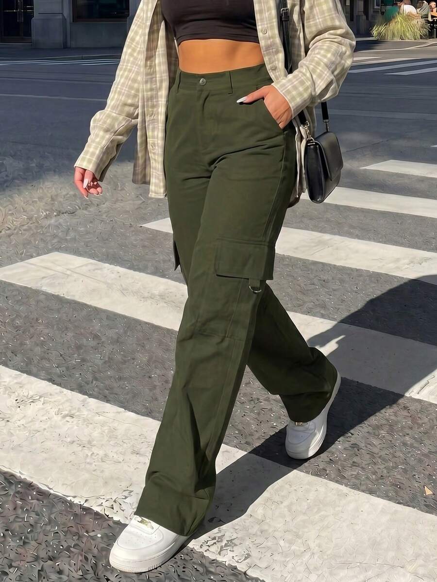 女款軍綠色直筒寬鬆翻蓋側邊多口袋工裝長褲休閒春秋新款 - 軍綠色 - 查看 1