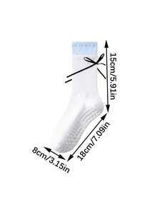 1 Pair Women's Pilates Yoga Socks, Silicone Non-Slip Sports Floor Socks, Faux Double Layer Design, Ballet Style With Bow And Ribbon Mid-Calf Socks - Multicolor - View 5