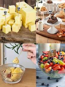 50/100pcs/Pack, Skull Fruit Picks, Rooster Tail Picks, Creative Hamburger And Pastry Picks, Bamboo Sticks. Suitable For Christmas And Day Of The Dead Theme Parties, Enhancing Party Atmosphere, Rooster Tail Picks - Multicolor - View 4