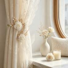 2pcs Luxury Pearl Floral Curtain Tiebacks, 3D Flower Bedroom Living Room Soft Decor Curtain Tie, Window Decoration - Alloy - View 11