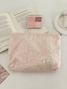 3D Floral Embroidery Storage Bag, 3 Colors Available, Gentle Floral Pattern, Fabric Material, Large Capacity, Multi-Functional, Lightweight, Convenient, For Skincare, Makeup, Digital Products And Small Items - Multicolor - View 11