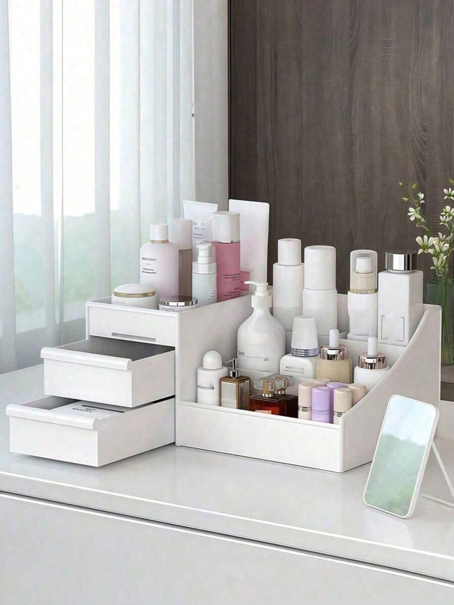 3-Tier Cosmetic Organizer – Multi-Compartment Countertop Storage Box And Skincare Organizer; High-Capacity Vanity Storage Rack Suitable For Skincare Products, Lotions, Lipsticks, And Jewelry. - Multicolor - View 1