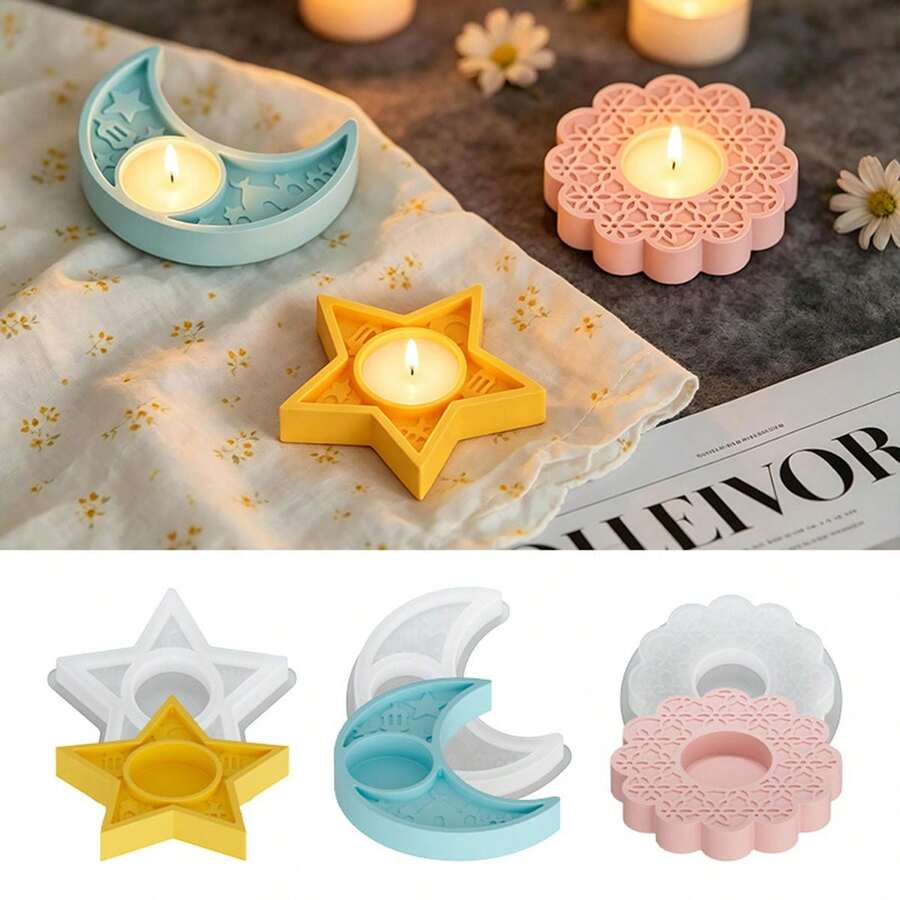 1件花朵月亮星星蠟燭台矽膠模具 DIY 石膏香氛托盤蠟燭底座模具 - 白色 - 查看 1