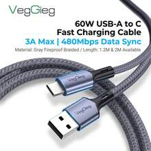 VegGieg USB-A To USB-C 60W Fast Charging Cable 3A Braided Data Cord For IPhone 15-17 CarPlay HiCar 480Mbps Transfer Anti-Break Durable 1.2m/2m - View 3