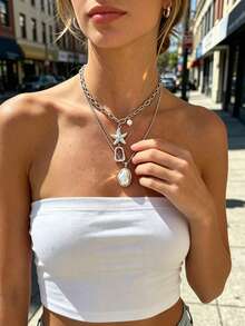 3pcs Vintage Elegant Bohemian Style Women's Baroque Asymmetrical Pearl Starfish And Asymmetric Geometric Pendant Necklace, Suitable For Women's Daily Wear And Summer Beach Vacation, Versatile Gift - Silver - View 5