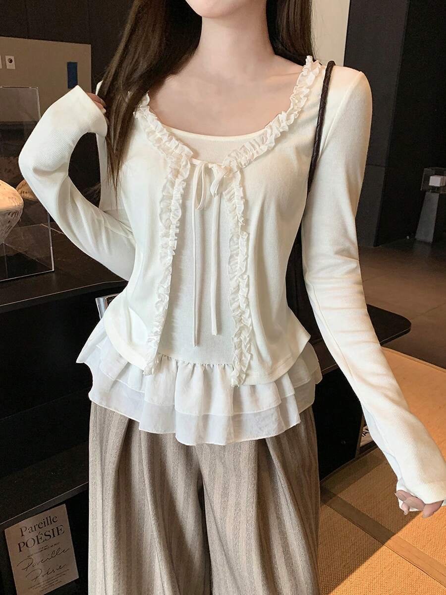 Women's New Autumn 2 In 1 Patchwork Design Long Sleeve T-Shirt With Lace Trim And Tie Detail - White - View 1