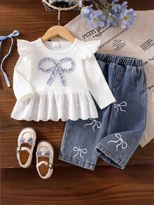 Baby Girl 2-Piece Set For Spring/Autumn: Lace Trim Bow Ribbed Ruffle Hem White Long Sleeve Top + Bow Embroidery Wide Leg Denim Pants Outfit - White - View 1