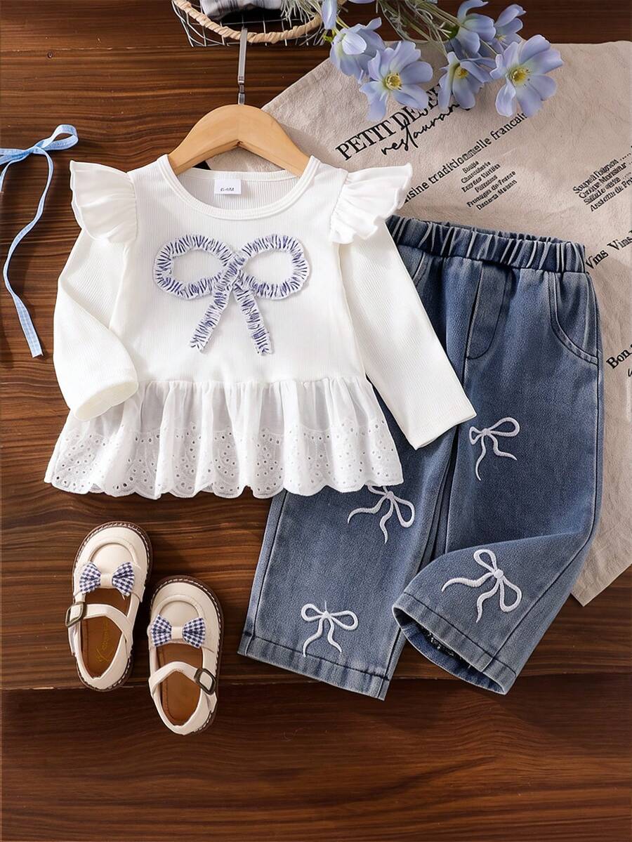 Baby Girl 2-Piece Set For Spring/Autumn: Lace Trim Bow Ribbed Ruffle Hem White Long Sleeve Top + Bow Embroidery Wide Leg Denim Pants Outfit - White - View 1