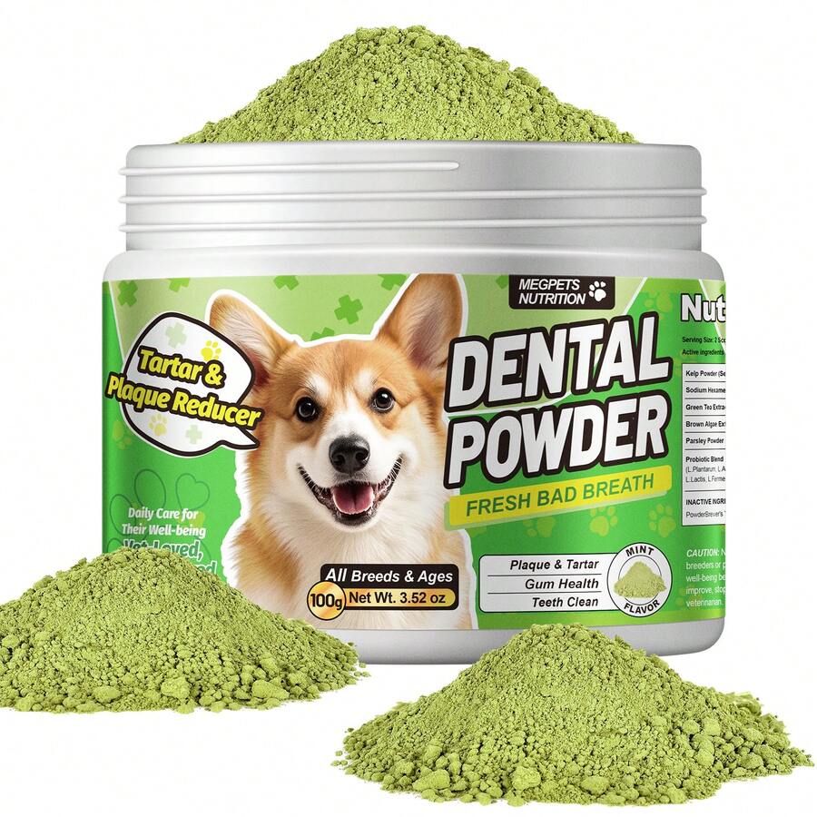 MEGNETA Polvo para el cuidado dental de perros y gatos | Mezcla de hierbas naturales y probióticos | Dientes limpios, aliento fresco | Dientes y encías saludables | Fácil de usar | Sabor a menta
