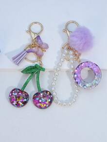 1pc Resin Starry Sky Epoxy Letter Keychain With Black Fur Ball Tassel Decor, Heart Pendant Gift For Friend And Mom - Mauve Purple - View 26